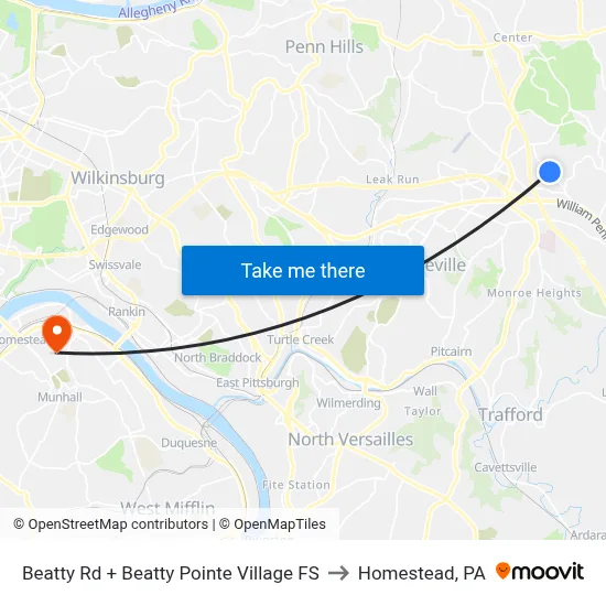 Beatty Rd + Beatty Pointe Village FS to Homestead, PA map