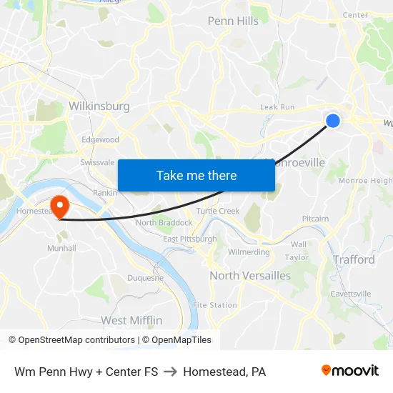 Wm Penn Hwy + Center FS to Homestead, PA map