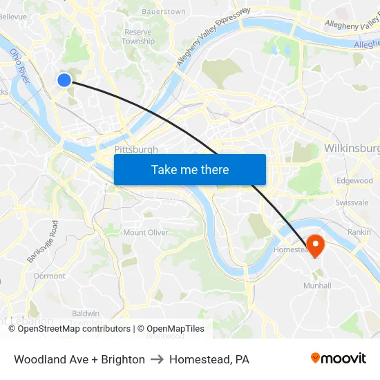 Woodland Ave + Brighton to Homestead, PA map