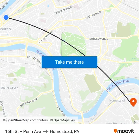 16th St + Penn Ave to Homestead, PA map
