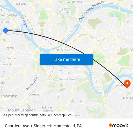 Chartiers Ave + Singer to Homestead, PA map