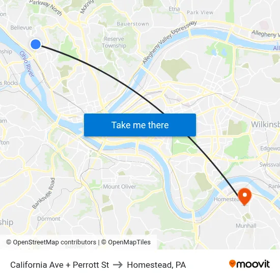 California Ave + Perrott St to Homestead, PA map