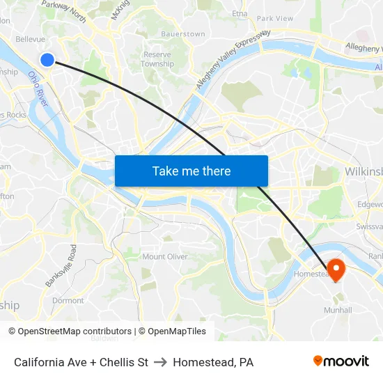 California Ave + Chellis St to Homestead, PA map