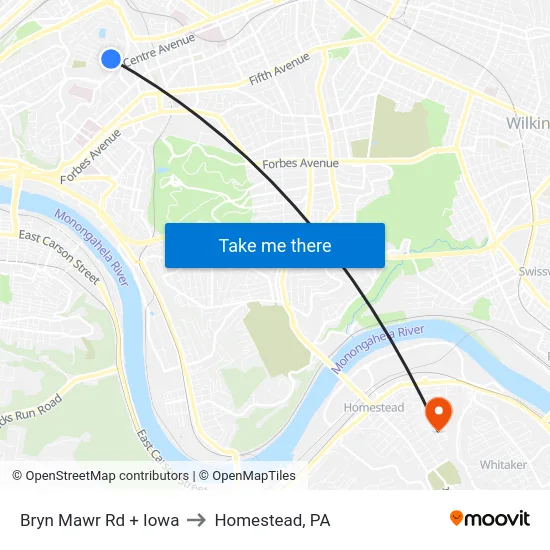 Bryn Mawr Rd + Iowa to Homestead, PA map