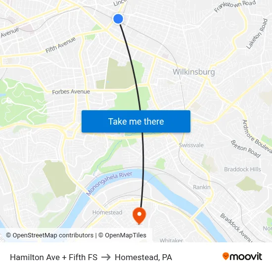 Hamilton Ave + Fifth FS to Homestead, PA map