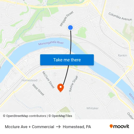 Mcclure Ave + Commercial to Homestead, PA map
