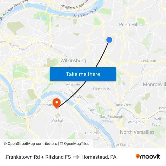 Frankstown Rd + Ritzland FS to Homestead, PA map