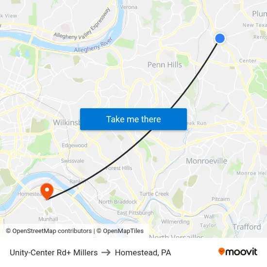 Unity-Center Rd+ Millers to Homestead, PA map