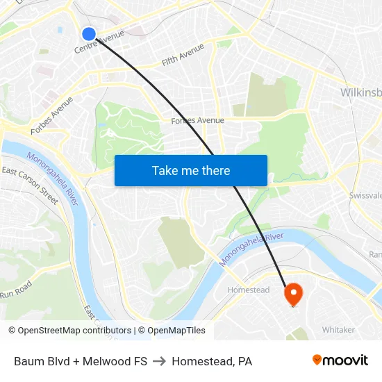 Baum Blvd + Melwood FS to Homestead, PA map