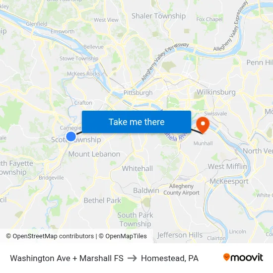 Washington Ave + Marshall FS to Homestead, PA map