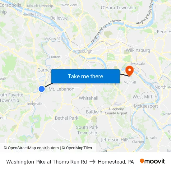 Washington Pike at Thoms Run Rd to Homestead, PA map