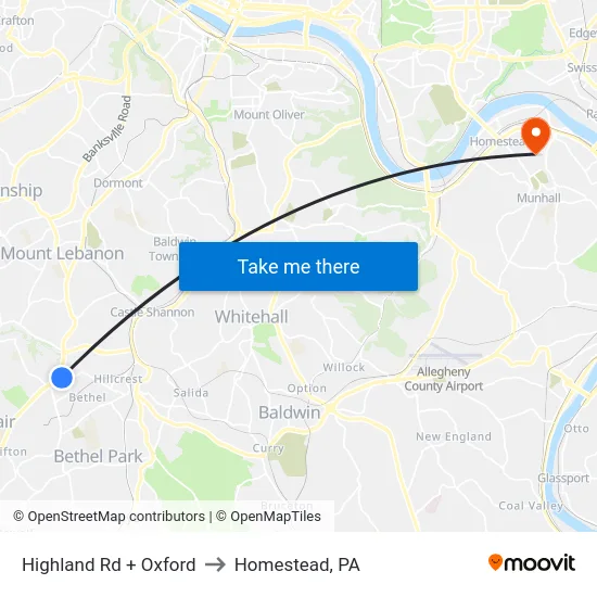 Highland Rd + Oxford to Homestead, PA map