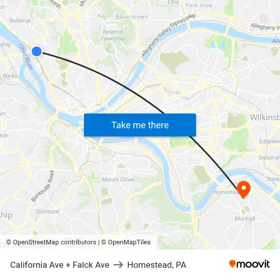 California Ave + Falck Ave to Homestead, PA map