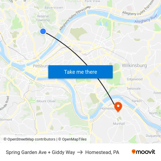 Spring Garden Ave + Giddy Way to Homestead, PA map
