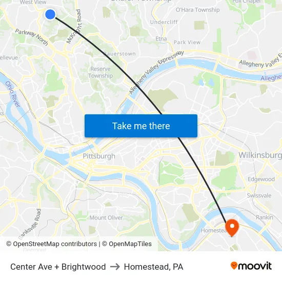 Center Ave + Brightwood to Homestead, PA map
