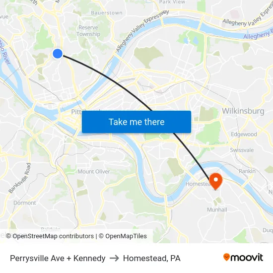 Perrysville Ave + Kennedy to Homestead, PA map