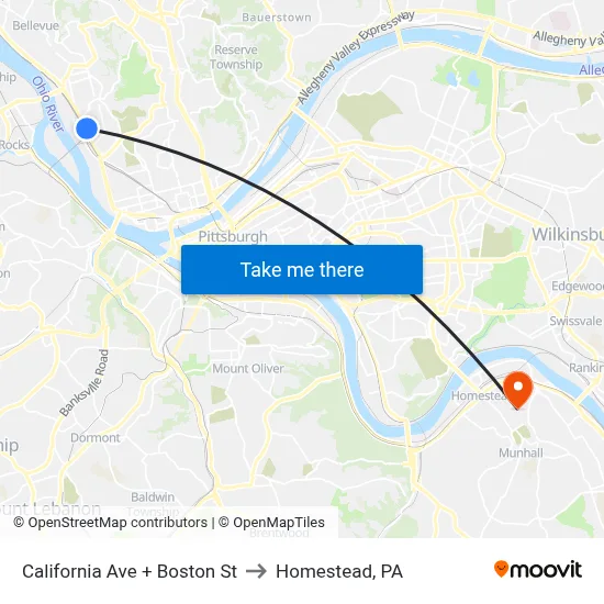 California Ave + Boston St to Homestead, PA map