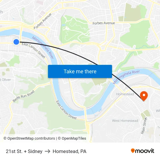21st St. + Sidney to Homestead, PA map