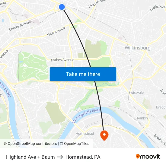 Highland Ave + Baum to Homestead, PA map