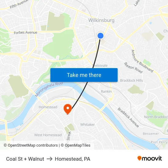 Coal St + Walnut to Homestead, PA map
