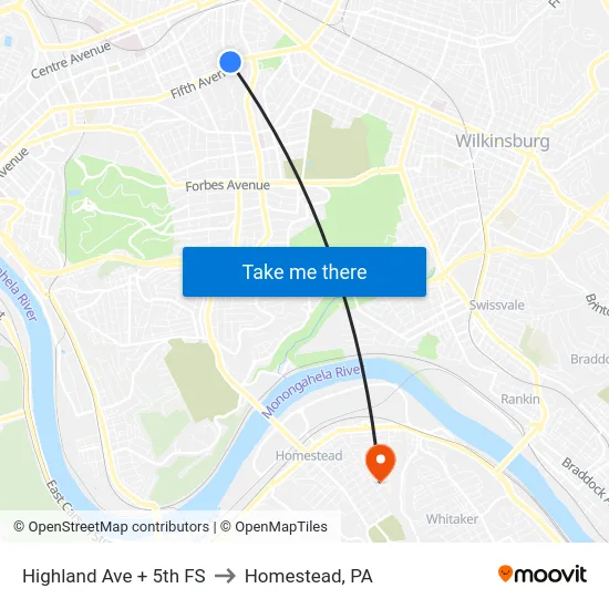 Highland Ave + 5th FS to Homestead, PA map