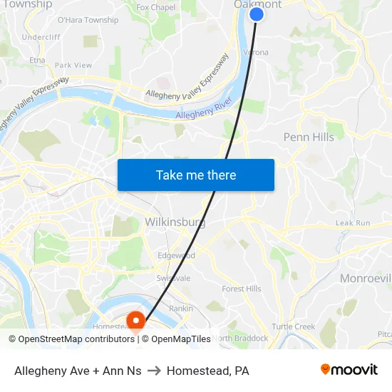 Allegheny Ave + Ann Ns to Homestead, PA map