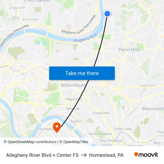 Allegheny River Blvd + Center FS to Homestead, PA map