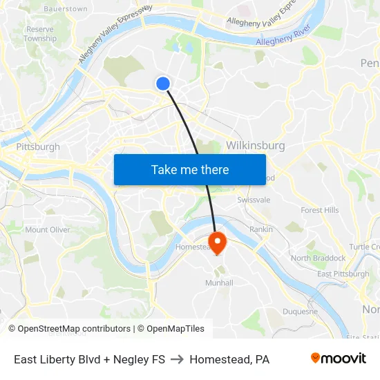 East Liberty Blvd + Negley FS to Homestead, PA map