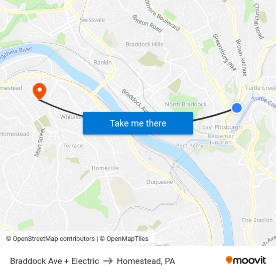 Braddock Ave + Electric to Homestead, PA map