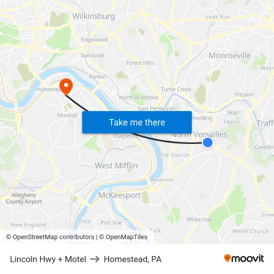 Lincoln Hwy + Motel to Homestead, PA map