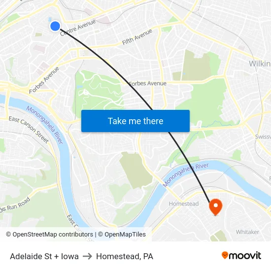 Adelaide St + Iowa to Homestead, PA map