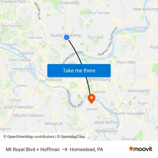 Mt Royal Blvd + Hoffman to Homestead, PA map