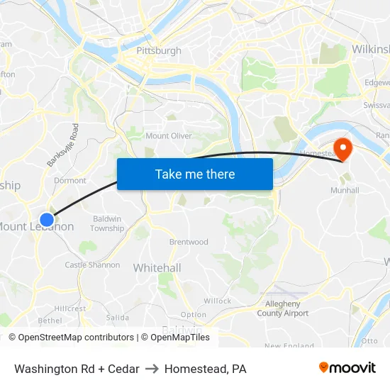 Washington Rd + Cedar to Homestead, PA map