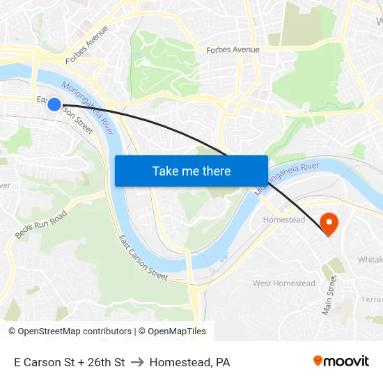 E Carson St + 26th St to Homestead, PA map