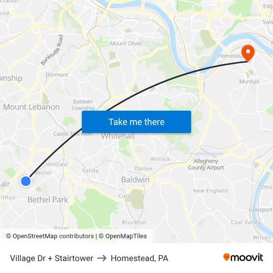 Village Dr + Stairtower to Homestead, PA map
