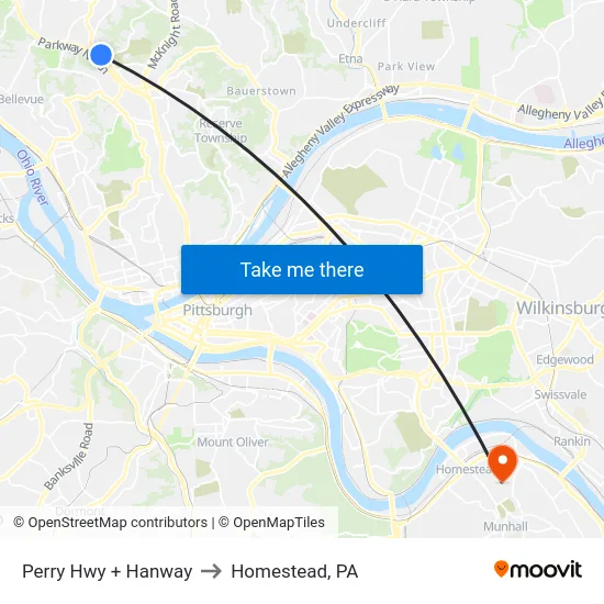 Perry Hwy + Hanway to Homestead, PA map