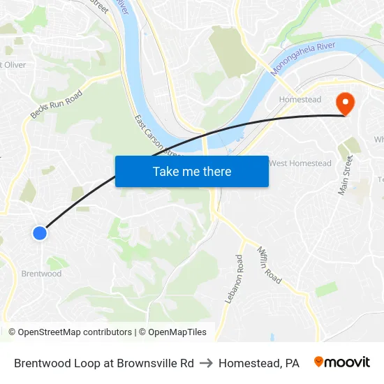 Brentwood Loop at Brownsville Rd to Homestead, PA map