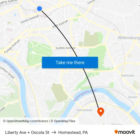 Liberty Ave + Oscola St to Homestead, PA map