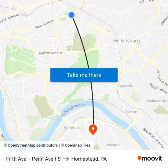Fifth Ave + Penn Ave FS to Homestead, PA map