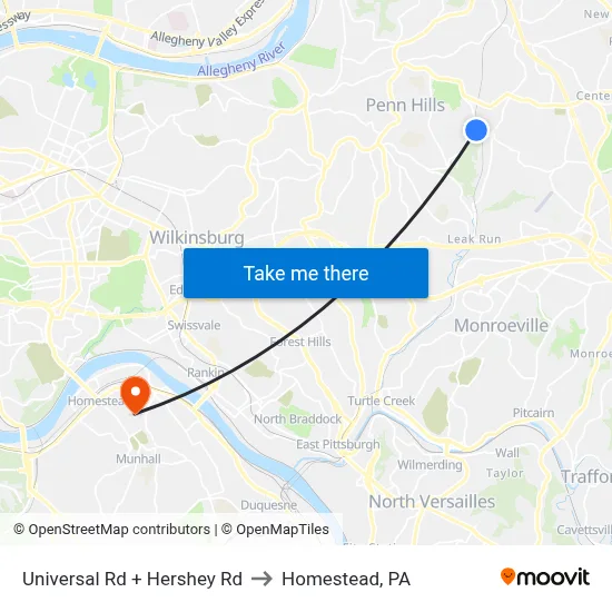 Universal Rd + Hershey Rd to Homestead, PA map