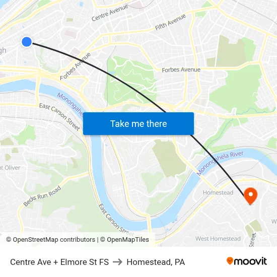 Centre Ave + Elmore St FS to Homestead, PA map