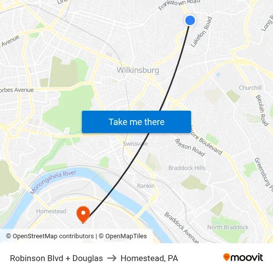 Robinson Blvd + Douglas to Homestead, PA map