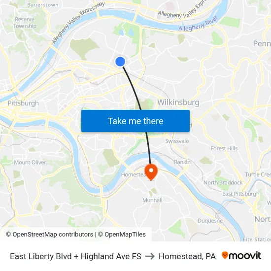 East Liberty Blvd + Highland Ave FS to Homestead, PA map