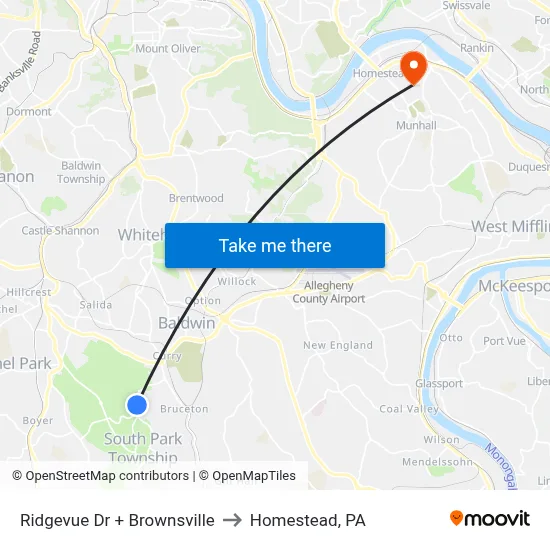 Ridgevue Dr + Brownsville to Homestead, PA map