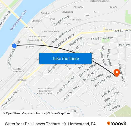 Waterfront Dr + Loews Theatre to Homestead, PA map