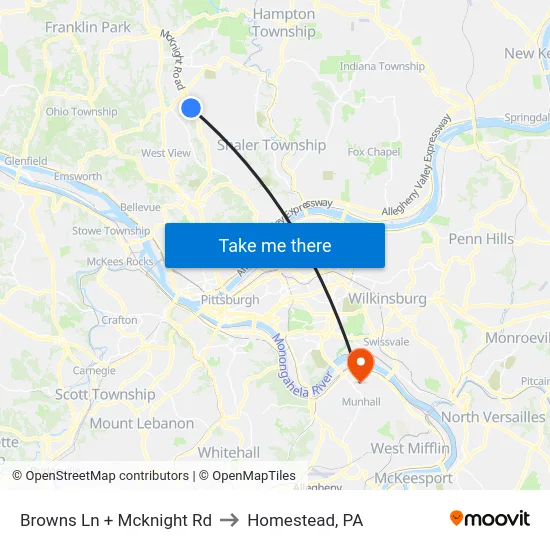 Browns Ln + Mcknight Rd to Homestead, PA map