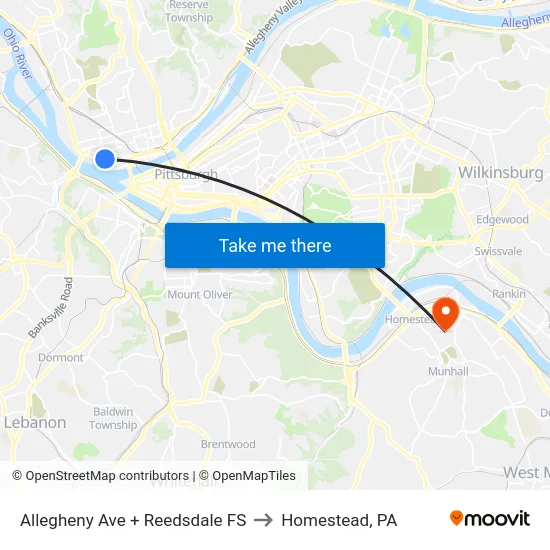 Allegheny Ave + Reedsdale FS to Homestead, PA map