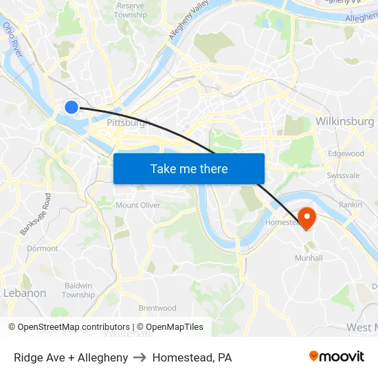 Ridge Ave + Allegheny to Homestead, PA map