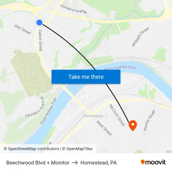 Beechwood Blvd + Monitor to Homestead, PA map