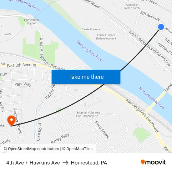 4th Ave + Hawkins Ave to Homestead, PA map